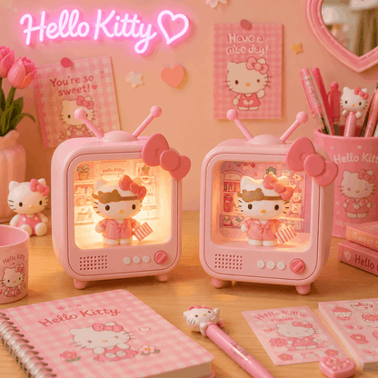 Hello Kitty-themed desk set with lamp, notebook, and stationery on a pink background