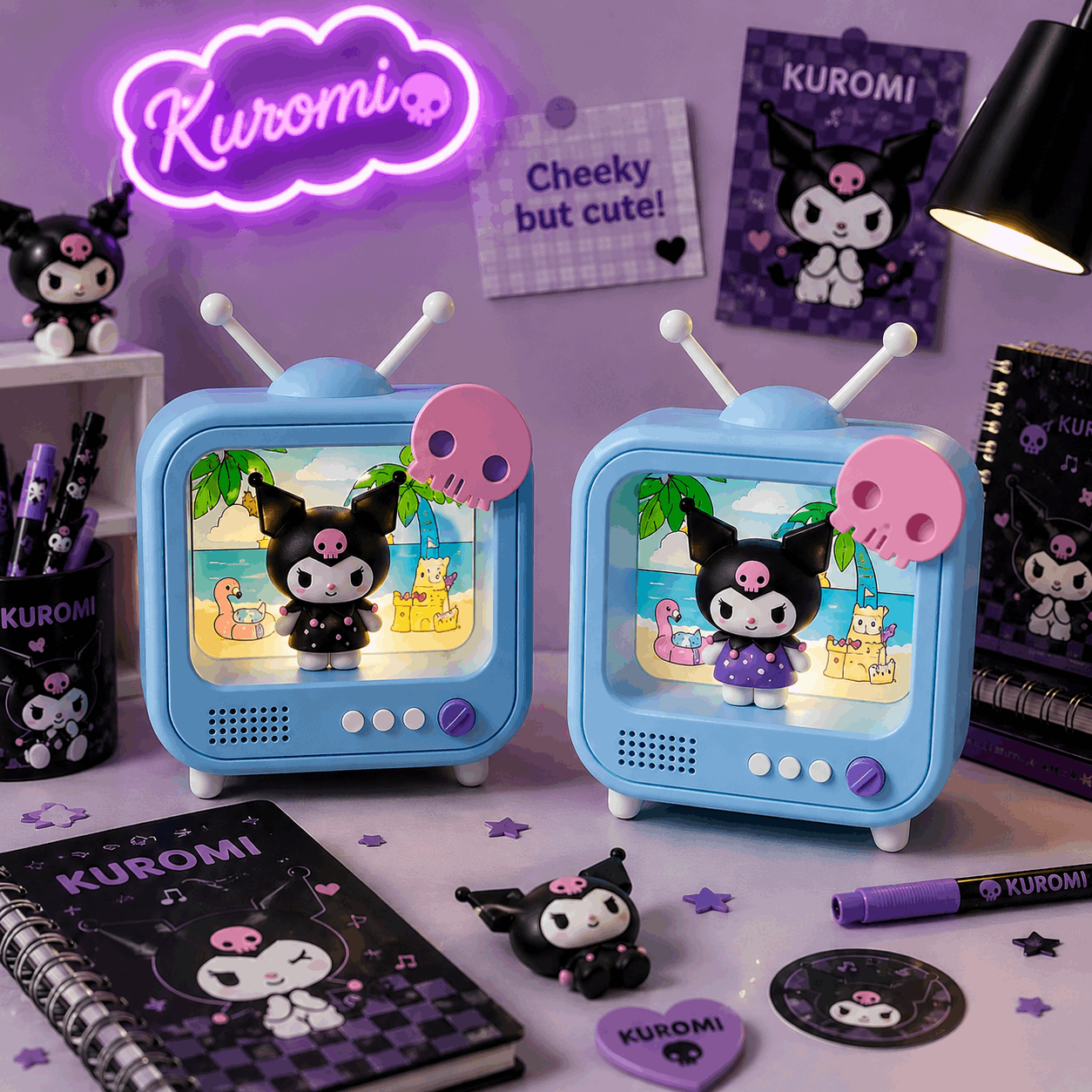 Kuromi-themed decor items including small TVs, notebooks, and stationery on a purple background.
