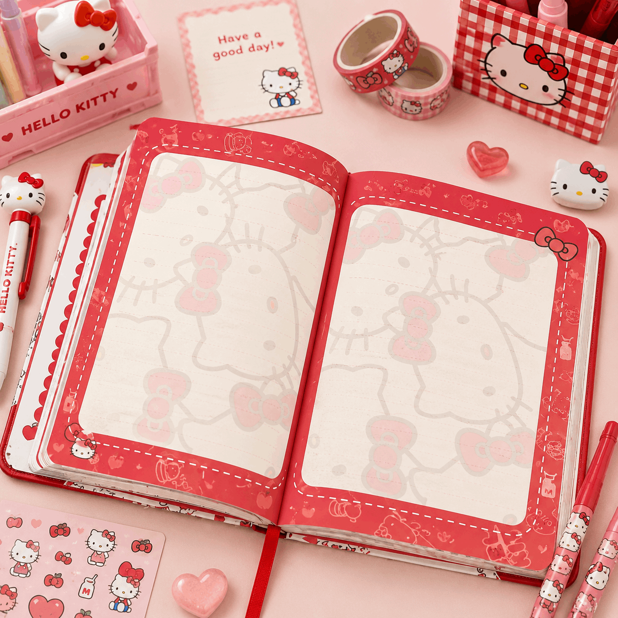 Hello Kitty stationery set with notebook, pens, and stickers on a pink background