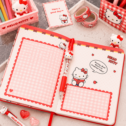 Hello Kitty-themed stationery set including notebook, pen, and decorative items on a light surface.