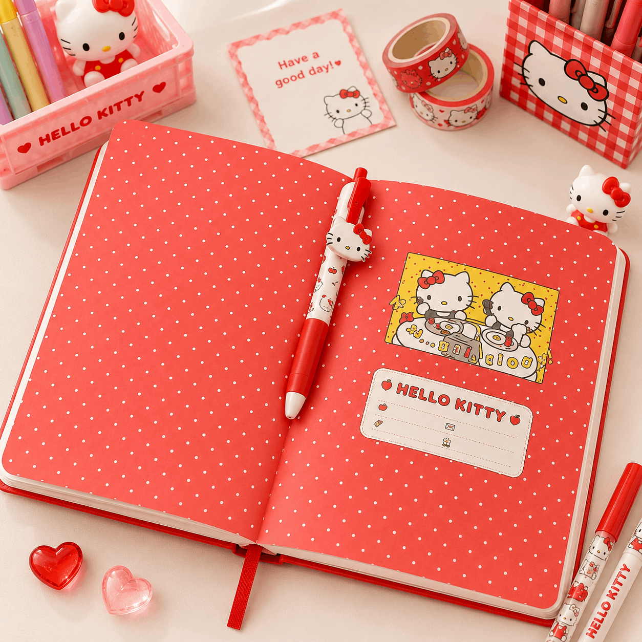 Hello Kitty-themed notebook with pen and stationery items on a white background