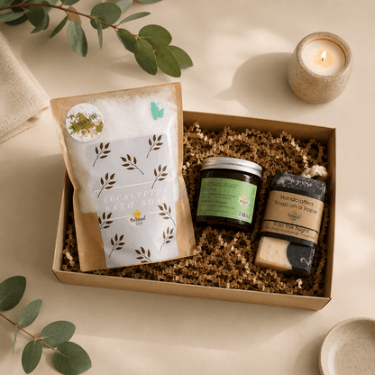 Gift box with natural products including soap, candle, and packaging on a light background