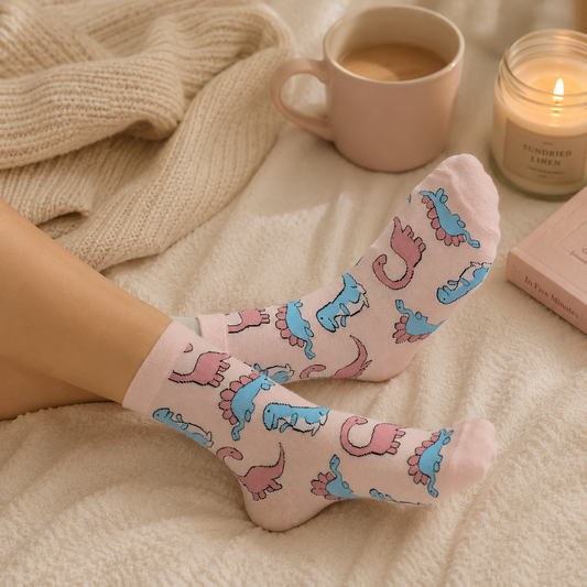 Person wearing pink socks with dinosaur pattern on a cozy blanket with a cup of coffee and candle.