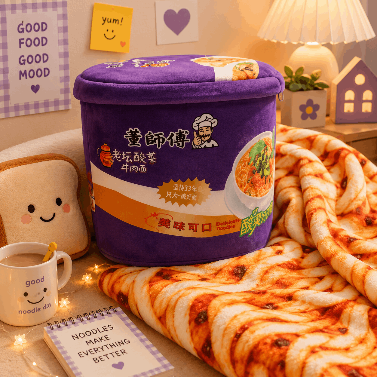 Purple noodle bucket with noodles and a cup on a table with decorative items.