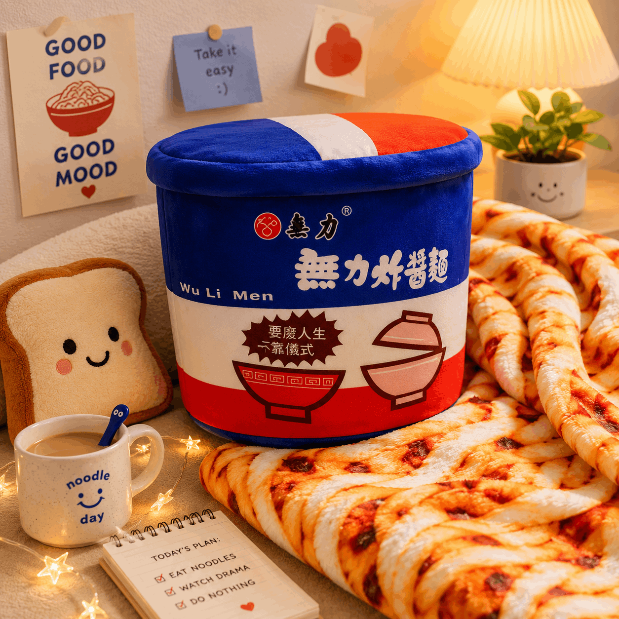 Noodle bucket with noodles, cup, and toast on a table with decorative elements.