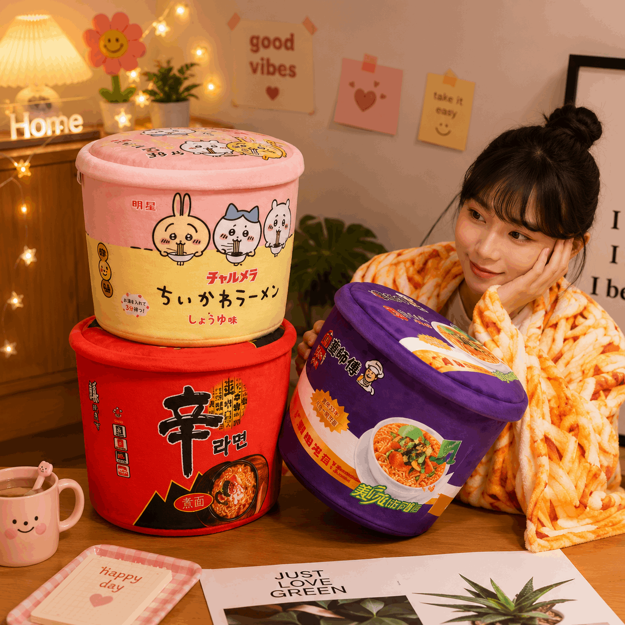 Person sitting at a table with various instant ramen containers and a mug.