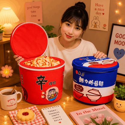 Person holding two large noodle buckets with a cozy indoor setting