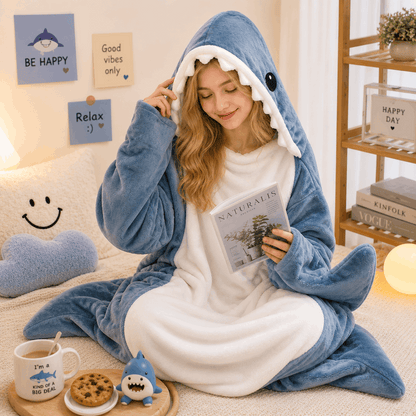 Person wearing a shark-themed onesie reading a magazine in a cozy room.