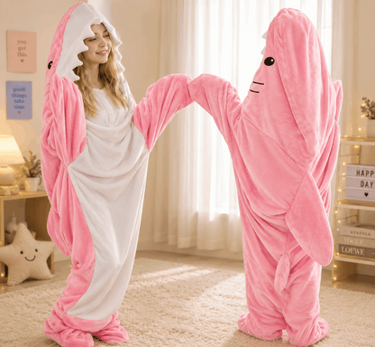 Person wearing a pink and white shark-themed onesie in a room.