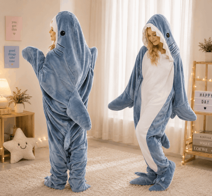 Person wearing a blue shark onesie in a room with decorative elements.