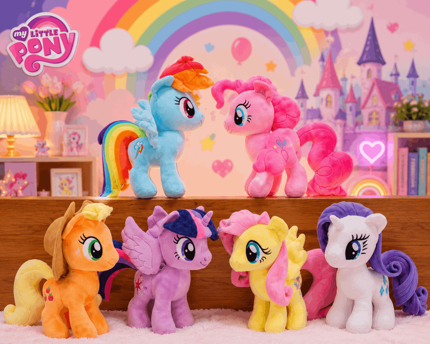My Little Pony toys with a colorful background featuring a rainbow and castle.