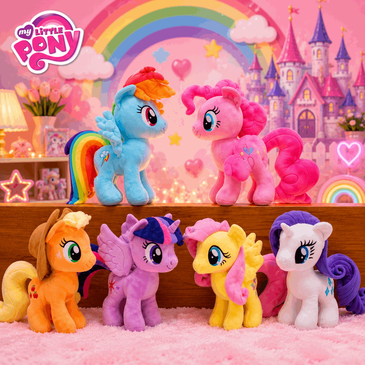 My Little Pony toys with a colorful background featuring a rainbow and castle.
