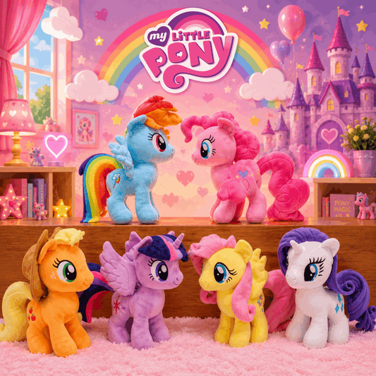 My Little Pony plush toys in a colorful room with rainbow and castle background