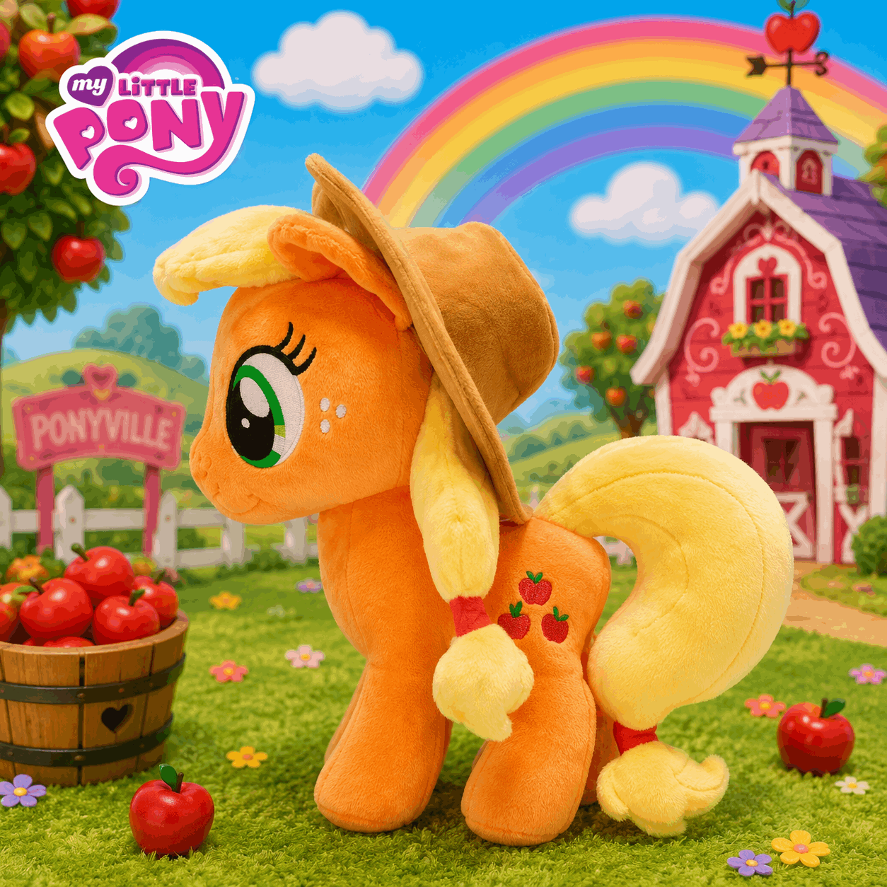 Plush toy of a pony with a rainbow and barn in the background, featuring 'My Little Pony' branding.