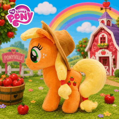 Plush toy of a pony with a rainbow and barn in the background, featuring 'My Little Pony' branding.