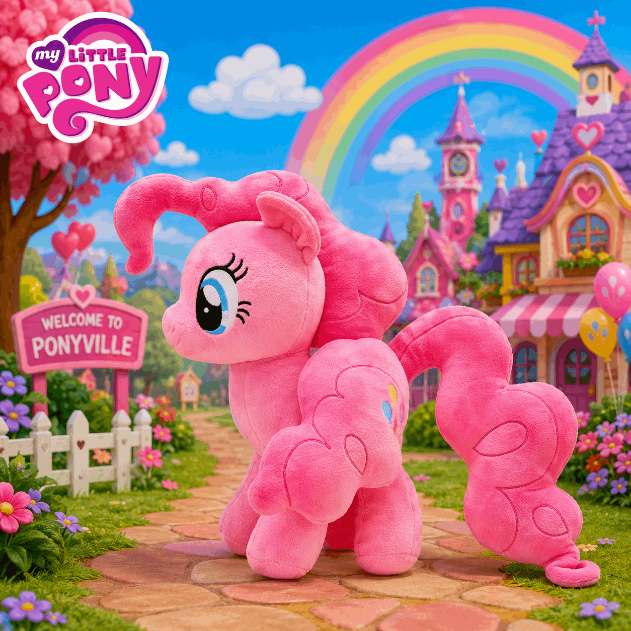 Pink plush toy with 'My Little Pony' branding in a colorful Ponyville setting.