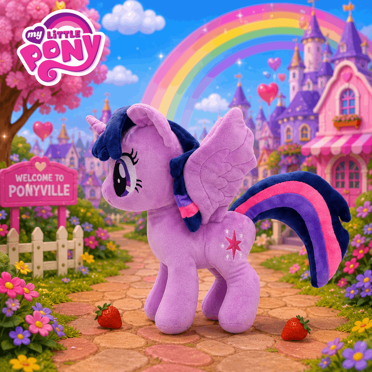 Plush toy of a purple pony with rainbow hair in front of a colorful castle and rainbow.