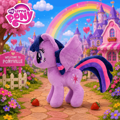 Plush toy of a purple pony with rainbow hair in front of a colorful castle and rainbow.