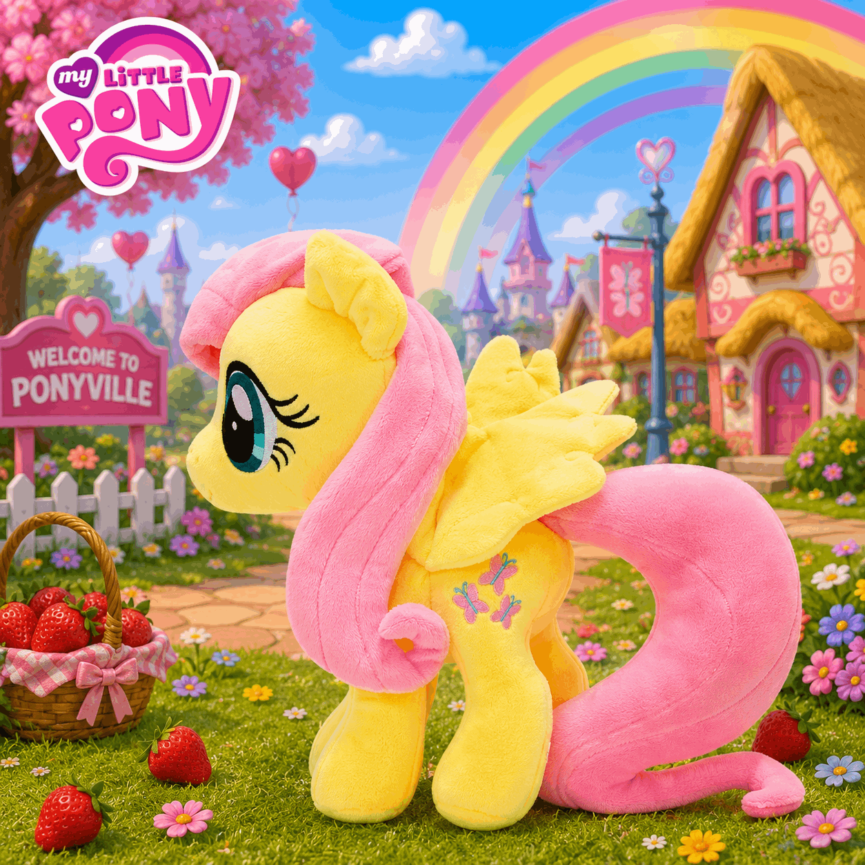 Plush toy of a pink and yellow pony with a rainbow and castle in the background, featuring 'My Little Pony' branding.