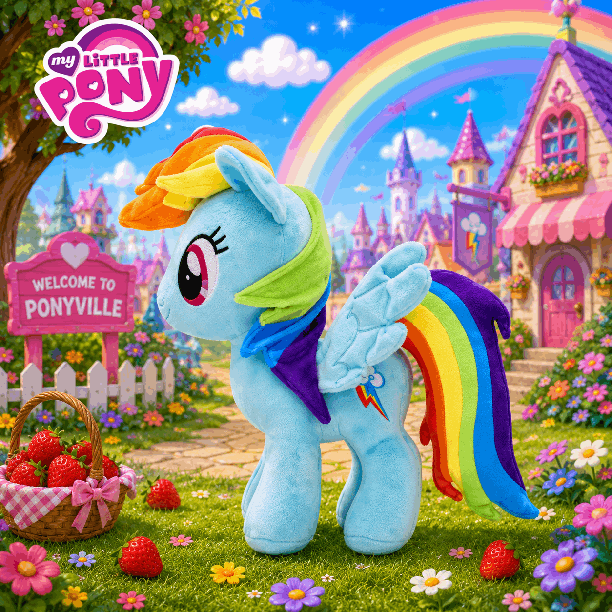 My Little Pony plush toy with rainbow-colored mane and tail in a colorful, cartoon-like setting.