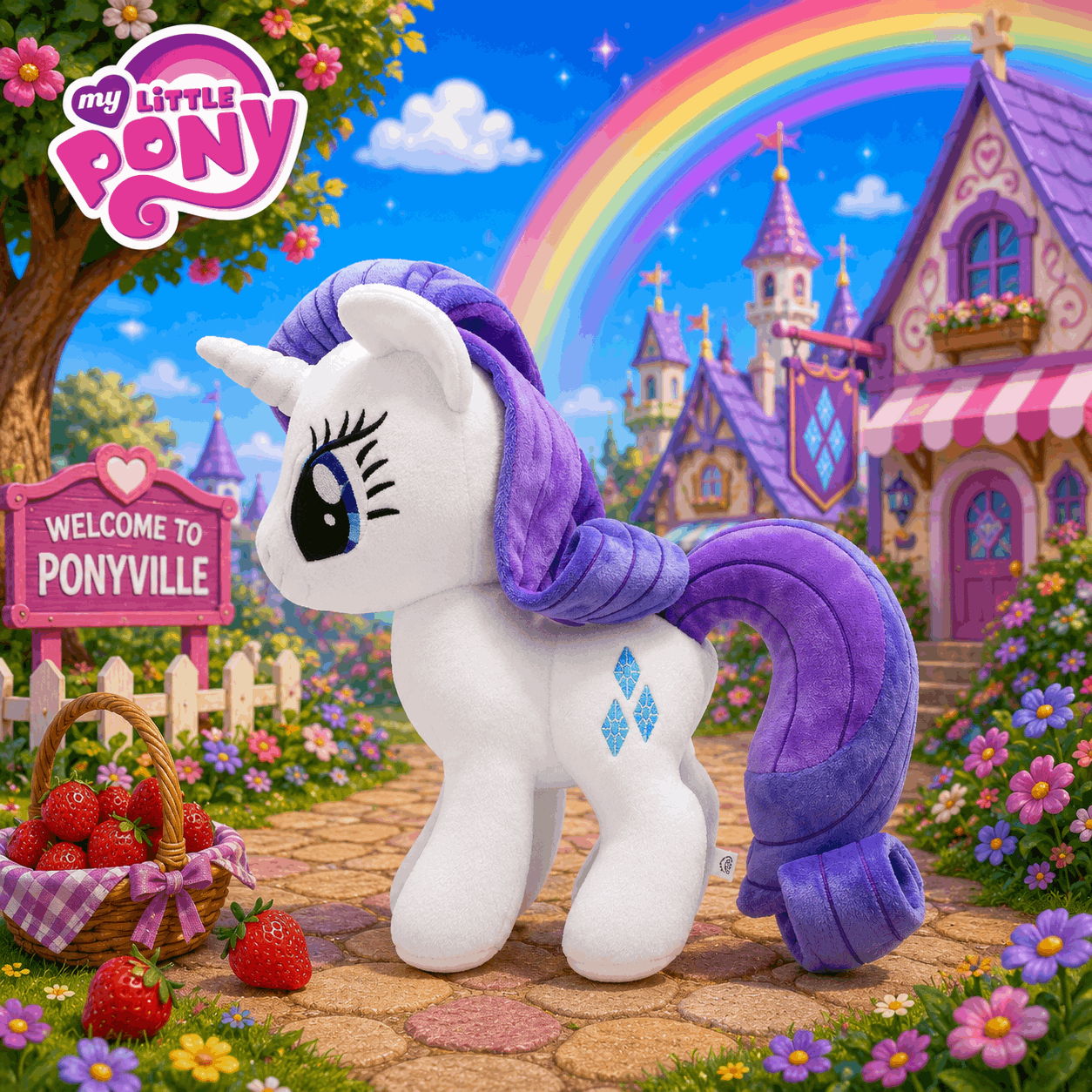 Plush toy resembling a unicorn with a purple mane and tail in front of a colorful Ponyville scene.