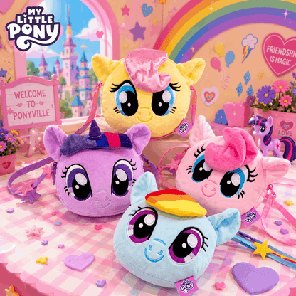 My Little Pony plush toys in a colorful setting with rainbow and castle background