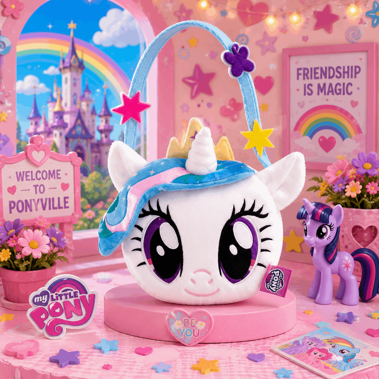 My Little Pony toy with a colorful background featuring a rainbow and castle.