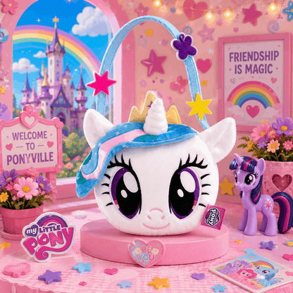 My Little Pony toy with a colorful background featuring a rainbow and castle.