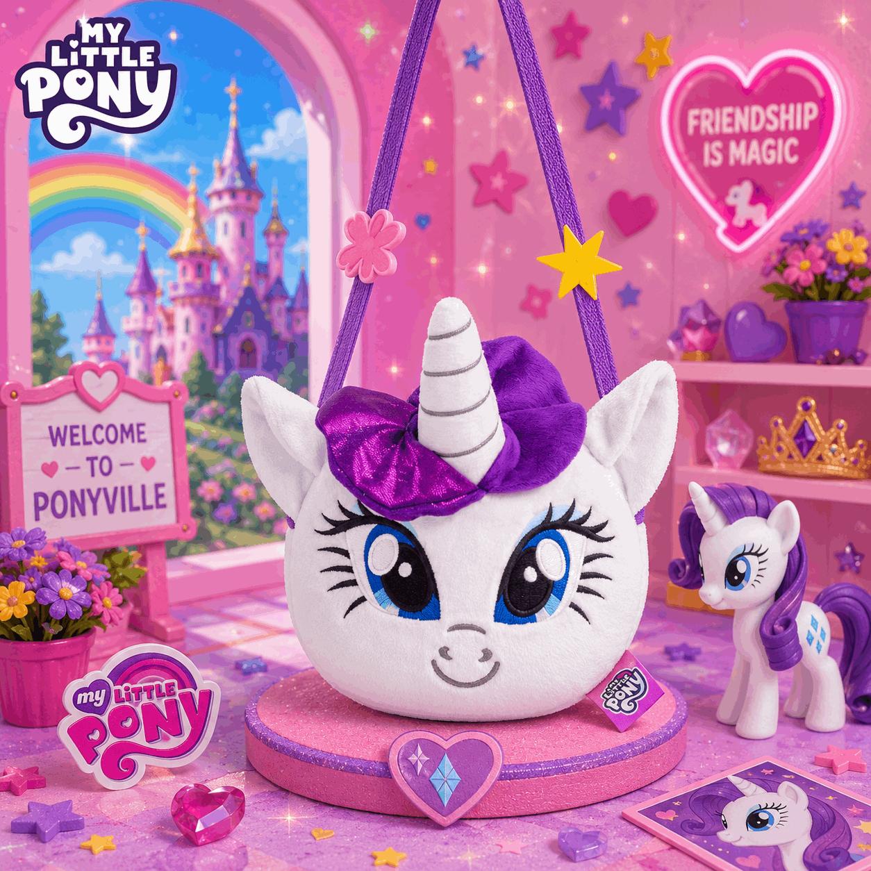 My Little Pony plush toy with a castle and 'Friendship is Magic' sign in the background