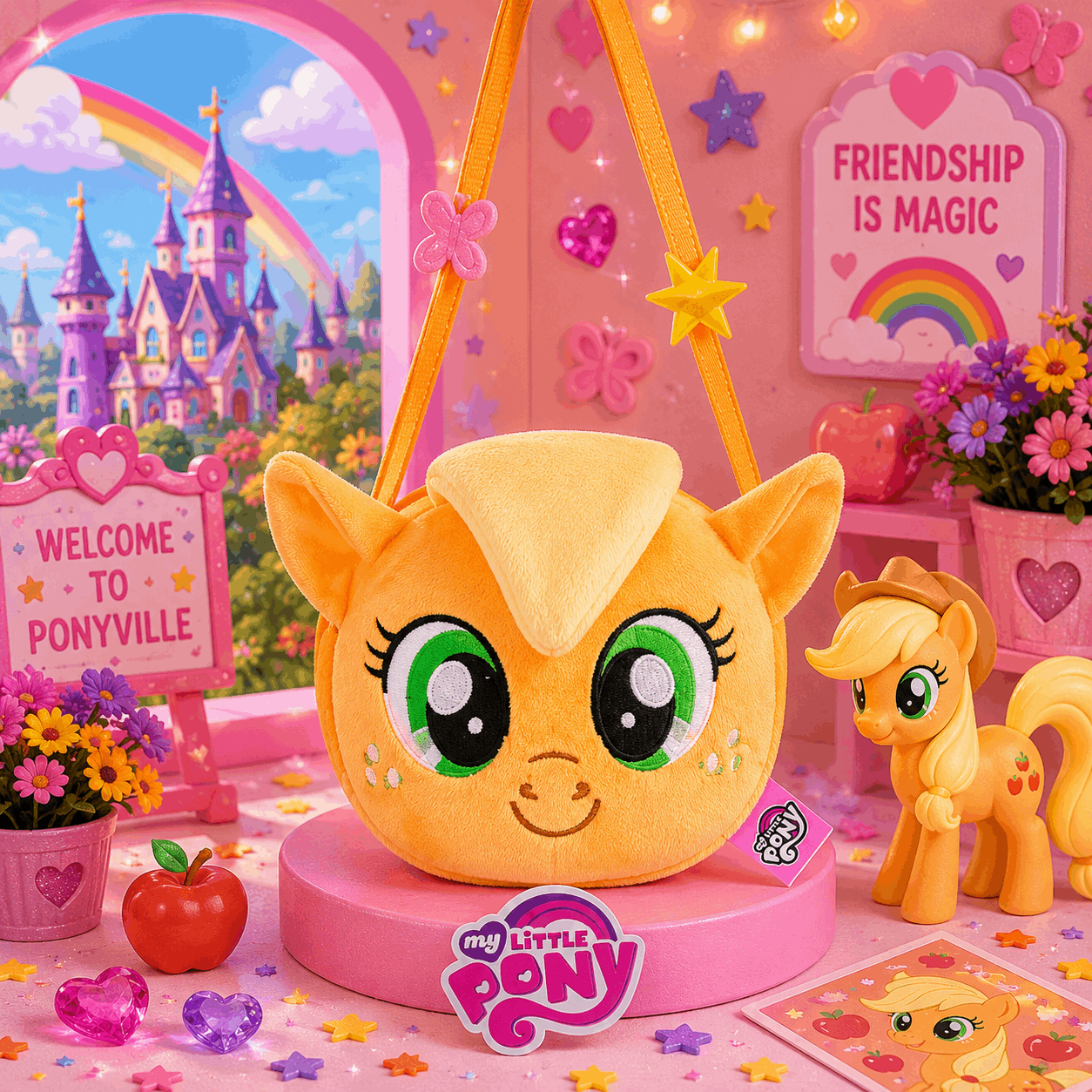 Plush toy resembling a pony character from My Little Pony in a colorful setting with castle and rainbow.
