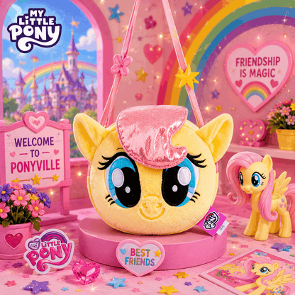 My Little Pony plush toy with pink hat in a colorful setting with rainbow and castle