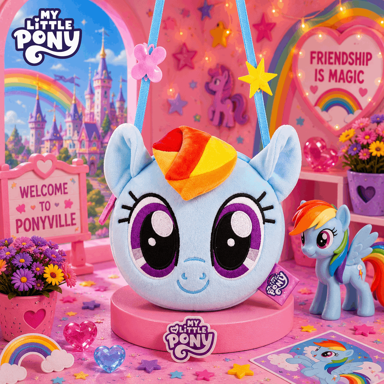 My Little Pony plush toy with rainbow hair in a colorful setting