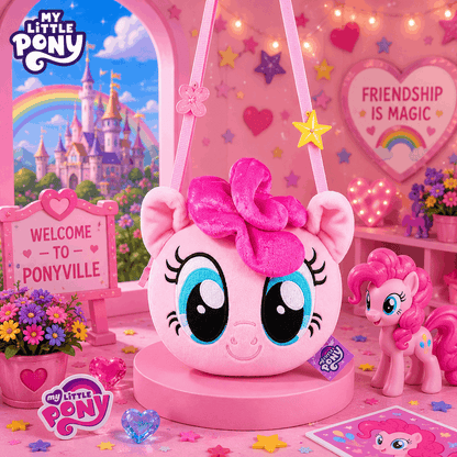 Pink toy figure with large bow in a colorful 'Ponyville' themed room
