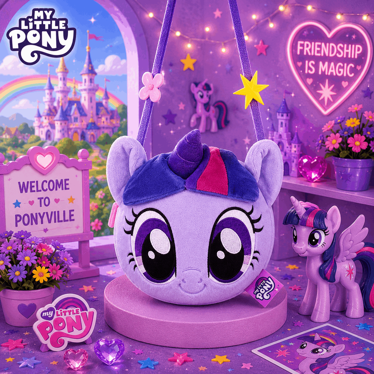 My Little Pony plush toy with a purple bow in a colorful setting with 'Friendship is Magic' sign and castle.