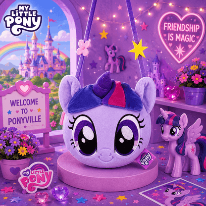 My Little Pony plush toy with a purple bow in a colorful setting with 'Friendship is Magic' sign and castle.
