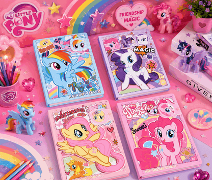 My Little Pony-themed notebooks with characters on a pink background