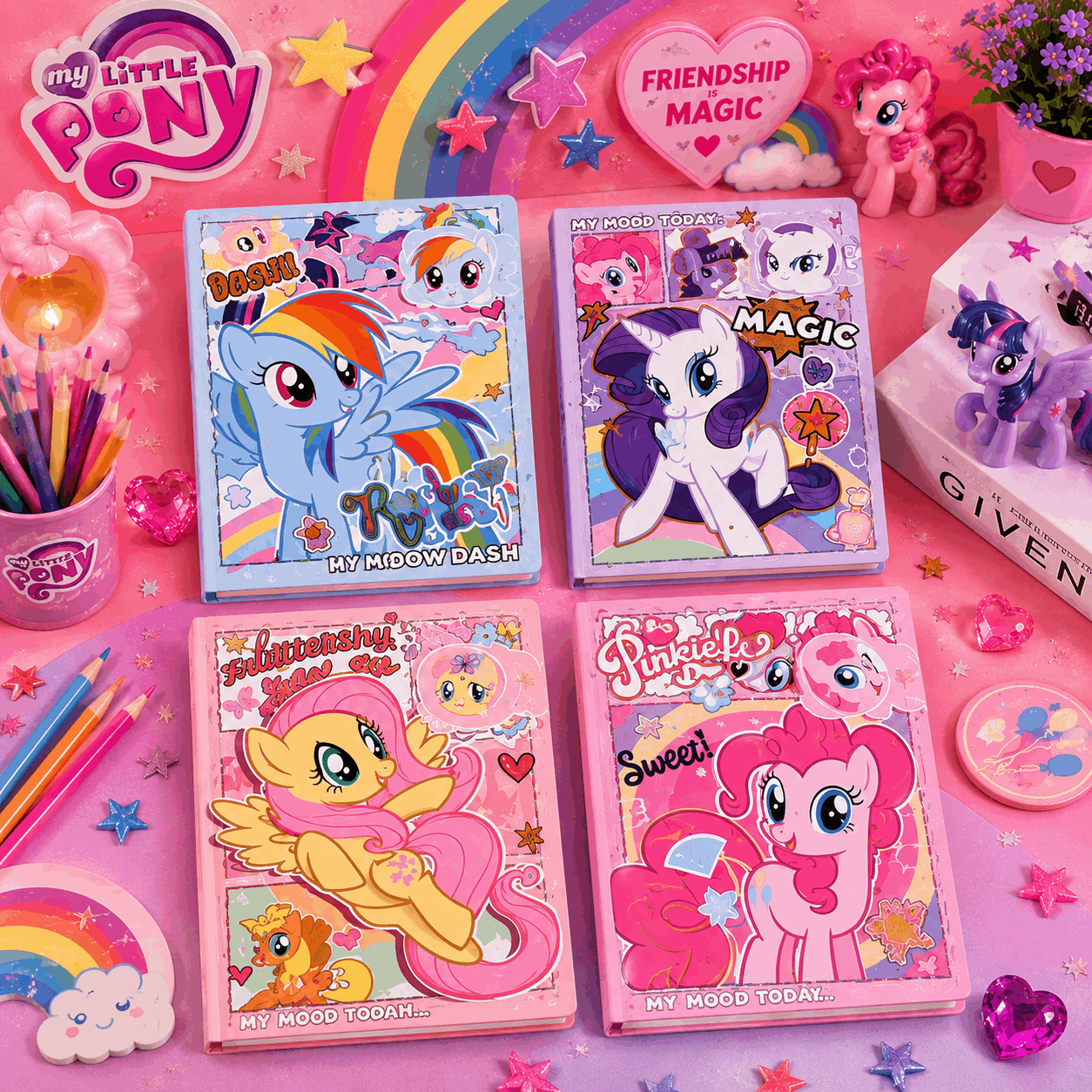 Four colorful notebooks featuring My Little Pony characters on a pink background with decorative elements.