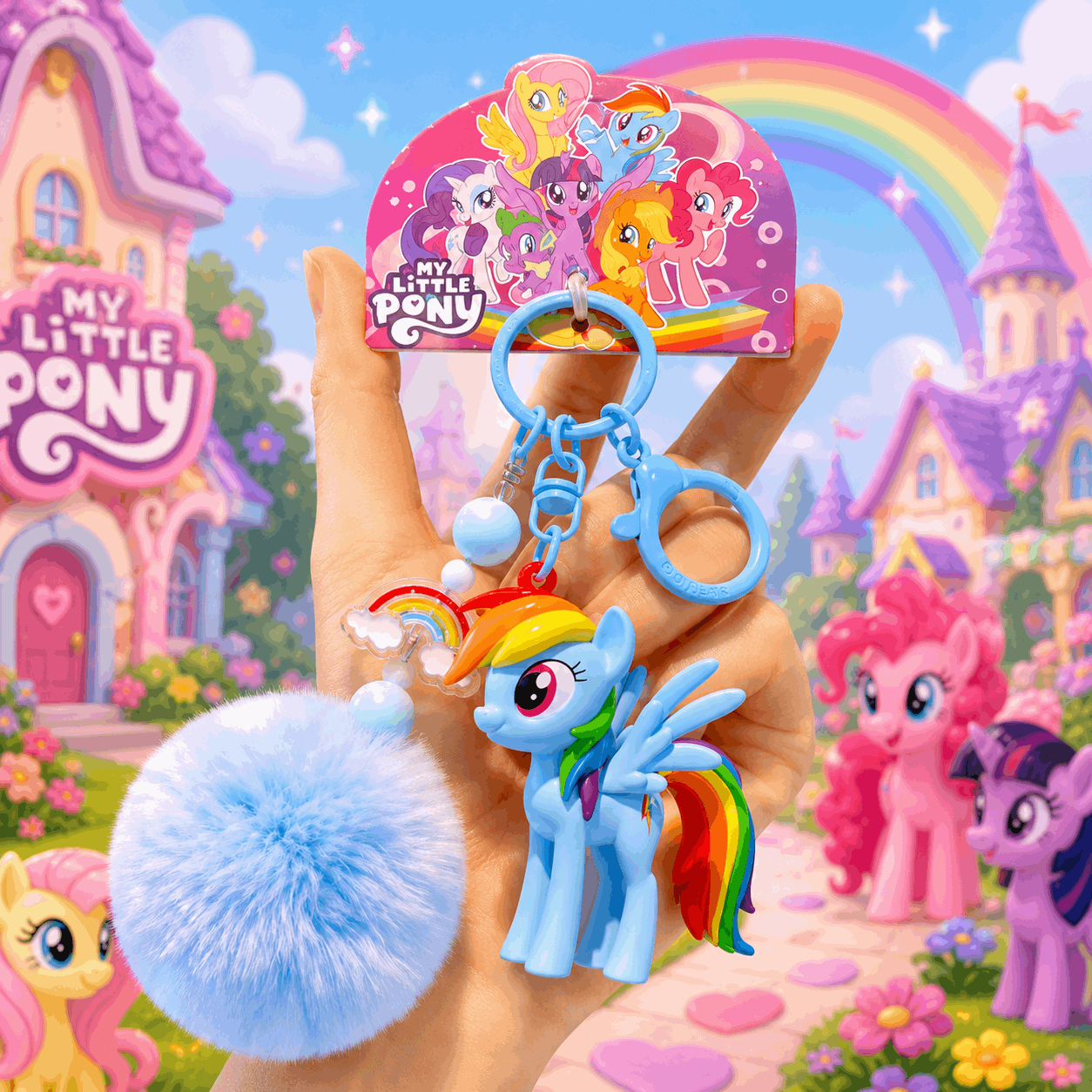 My Little Pony keychain held in front of a colorful background with ponies and rainbow.