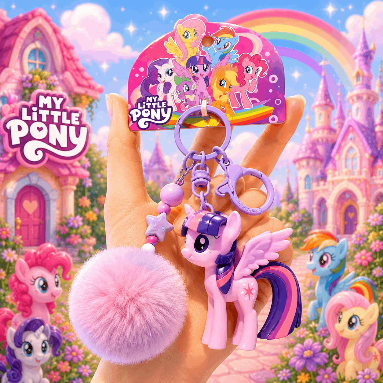 My Little Pony keychain with colorful design against a fantasy-themed background