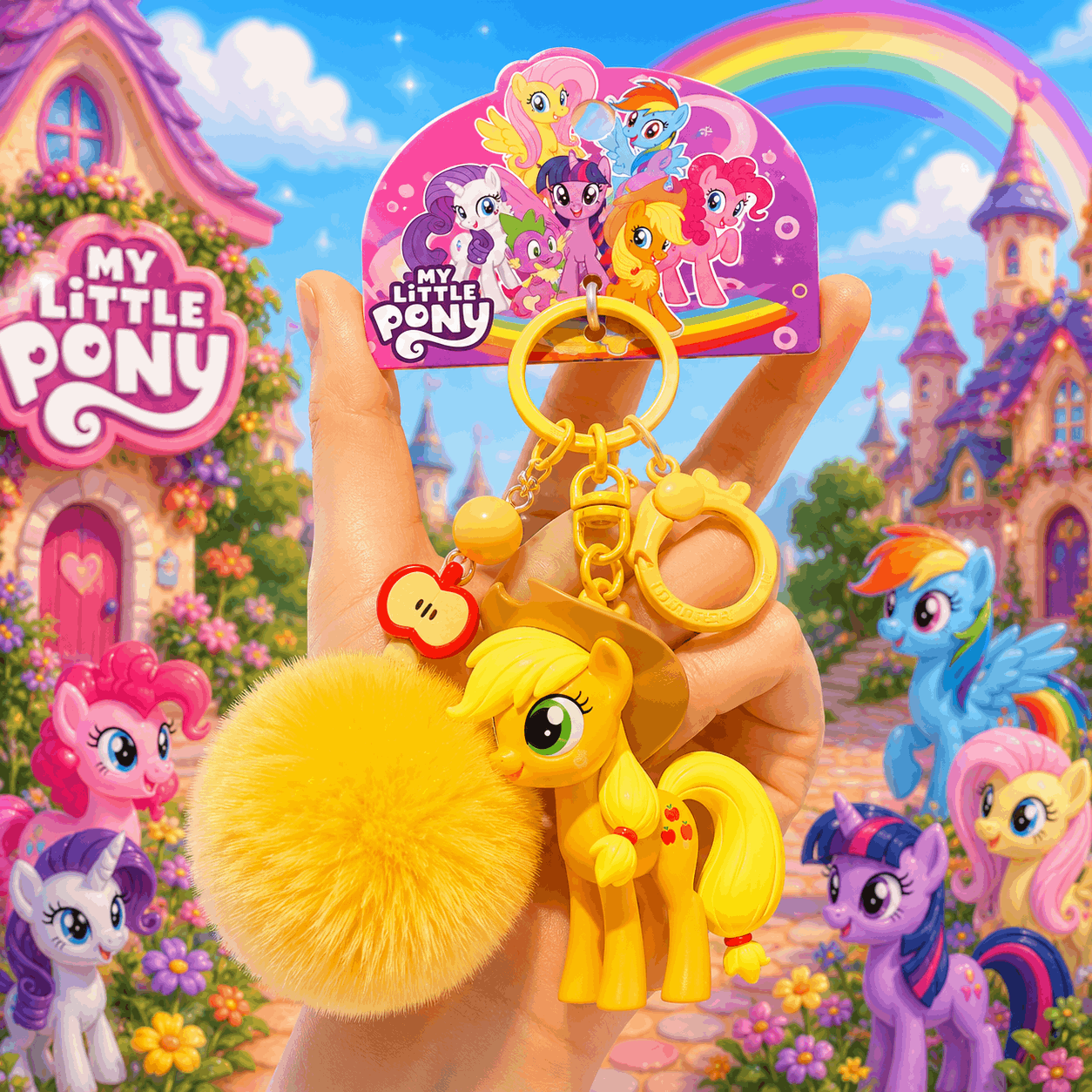 Yellow keychain with a character from 'My Little Pony' against a colorful background with cartoon ponies and castle.