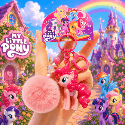 My Little Pony keychain with pink pony figure and fluffy ball against a colorful castle and rainbow background