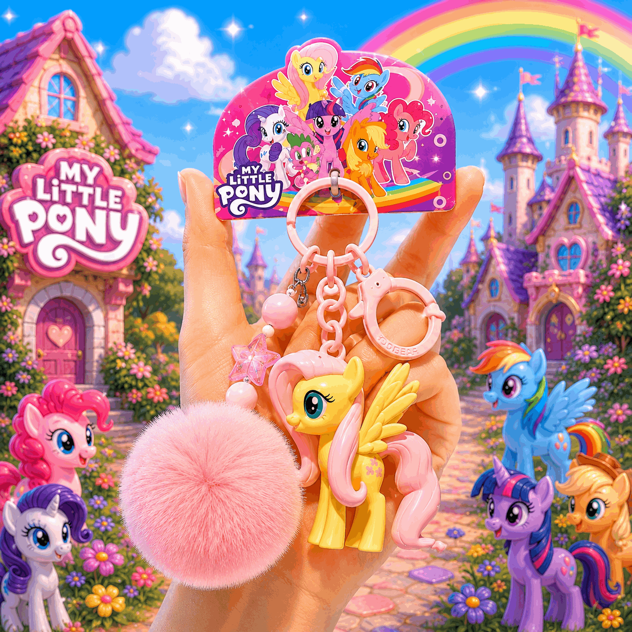 My Little Pony keychain held in front of a colorful background with cartoon ponies and castle.