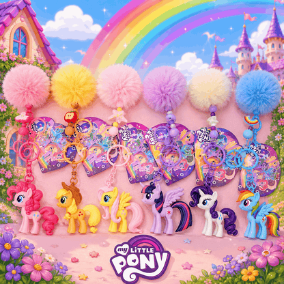 My Little Pony figurines and keychains with a colorful background featuring a rainbow and castle.