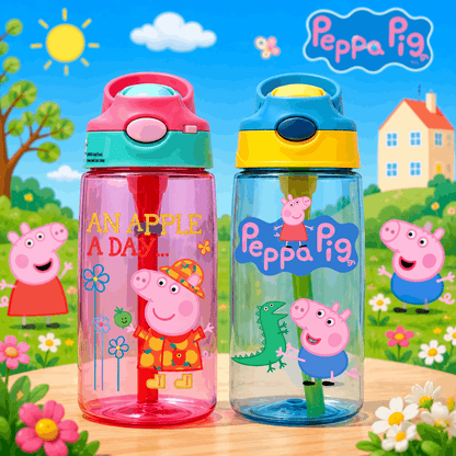 Two Peppa Pig-themed water bottles with colorful designs on a cartoon-style background.