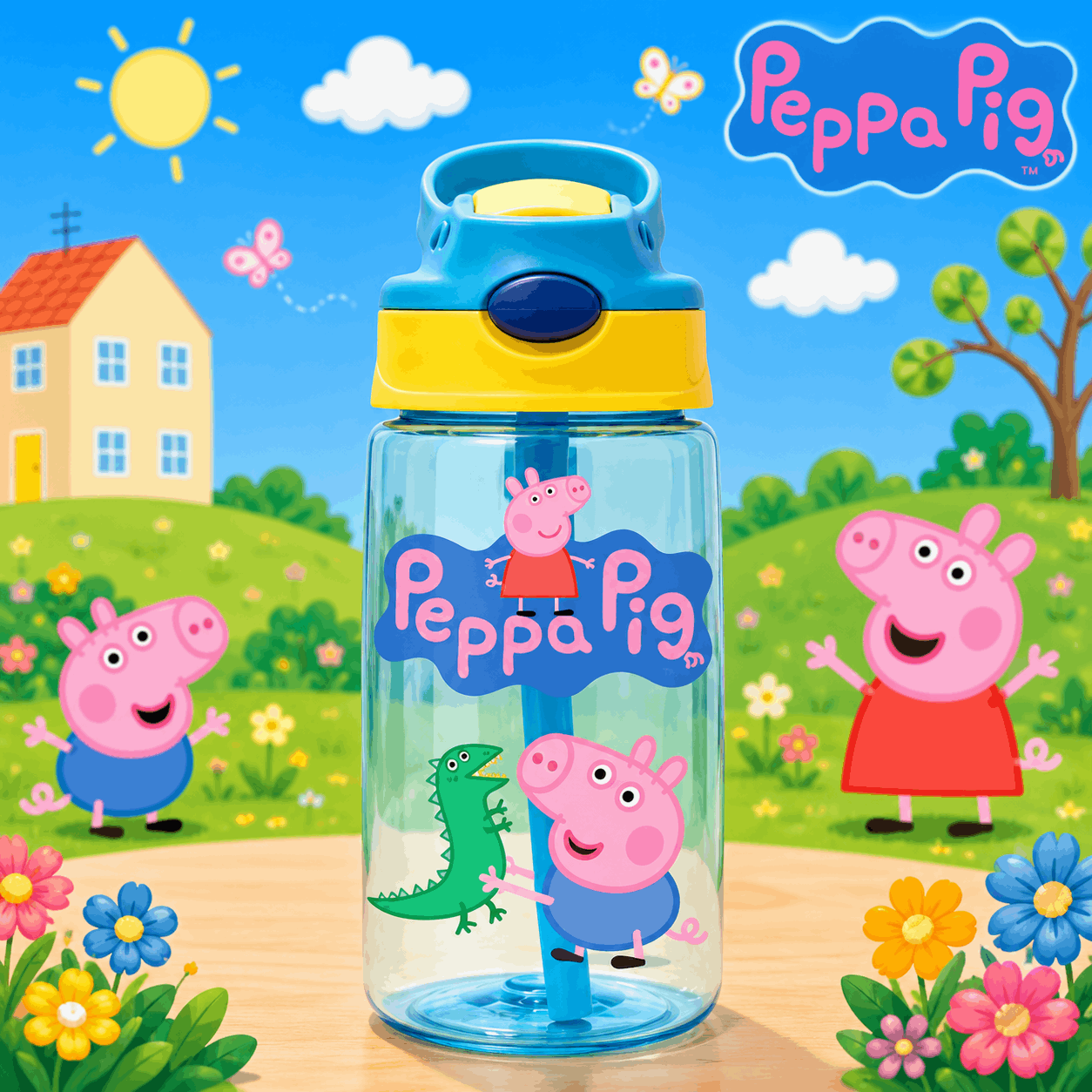 Peppa Pig water bottle with cartoon characters on a colorful background
