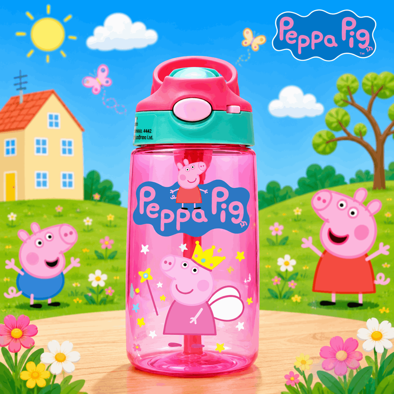 Pink water bottle with Peppa Pig design on a colorful background