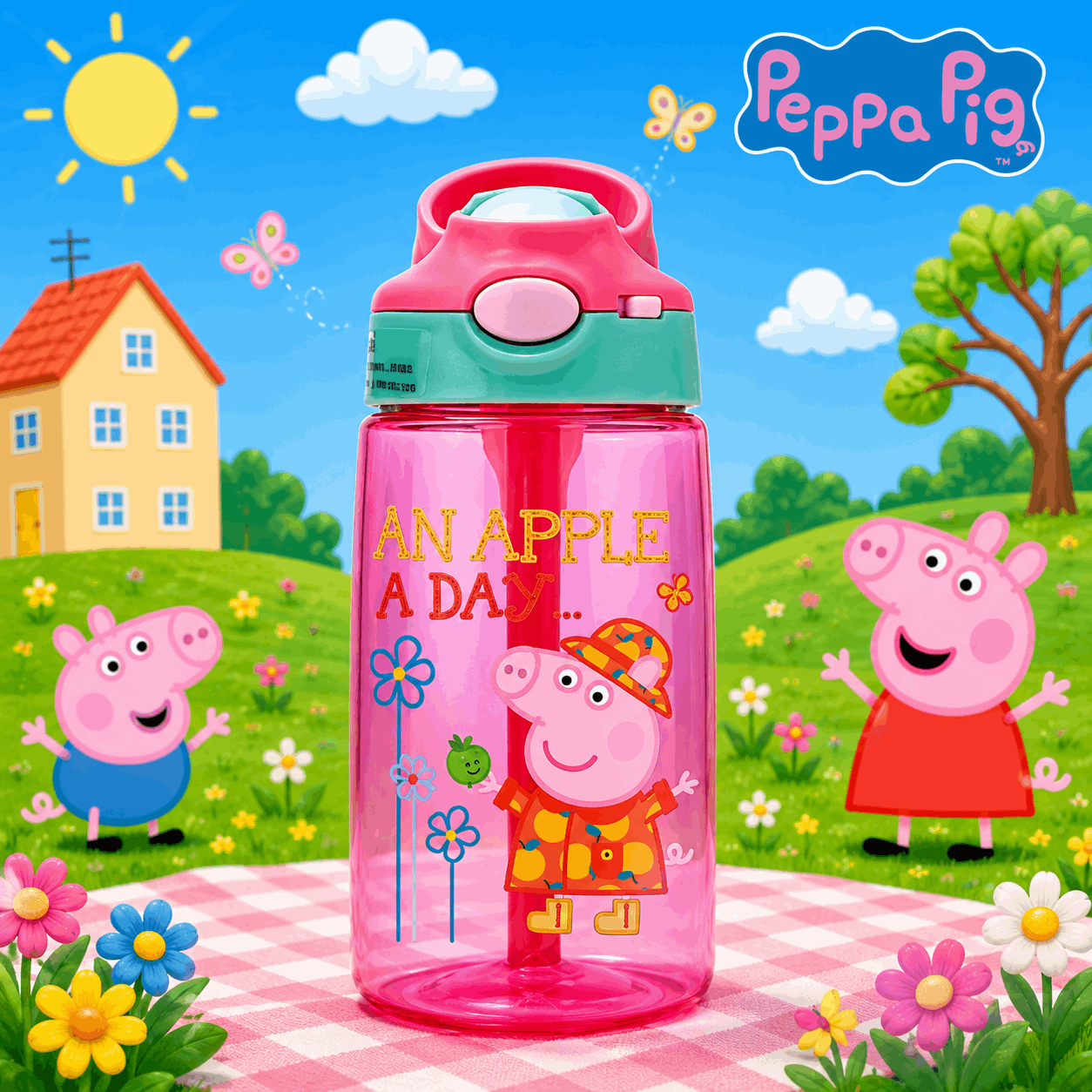 Pink water bottle with cartoon characters on a colorful outdoor background