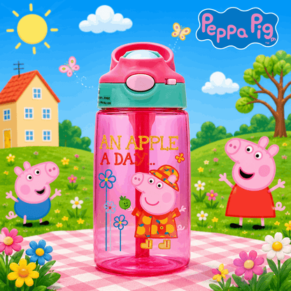 Pink water bottle with cartoon characters on a colorful outdoor background