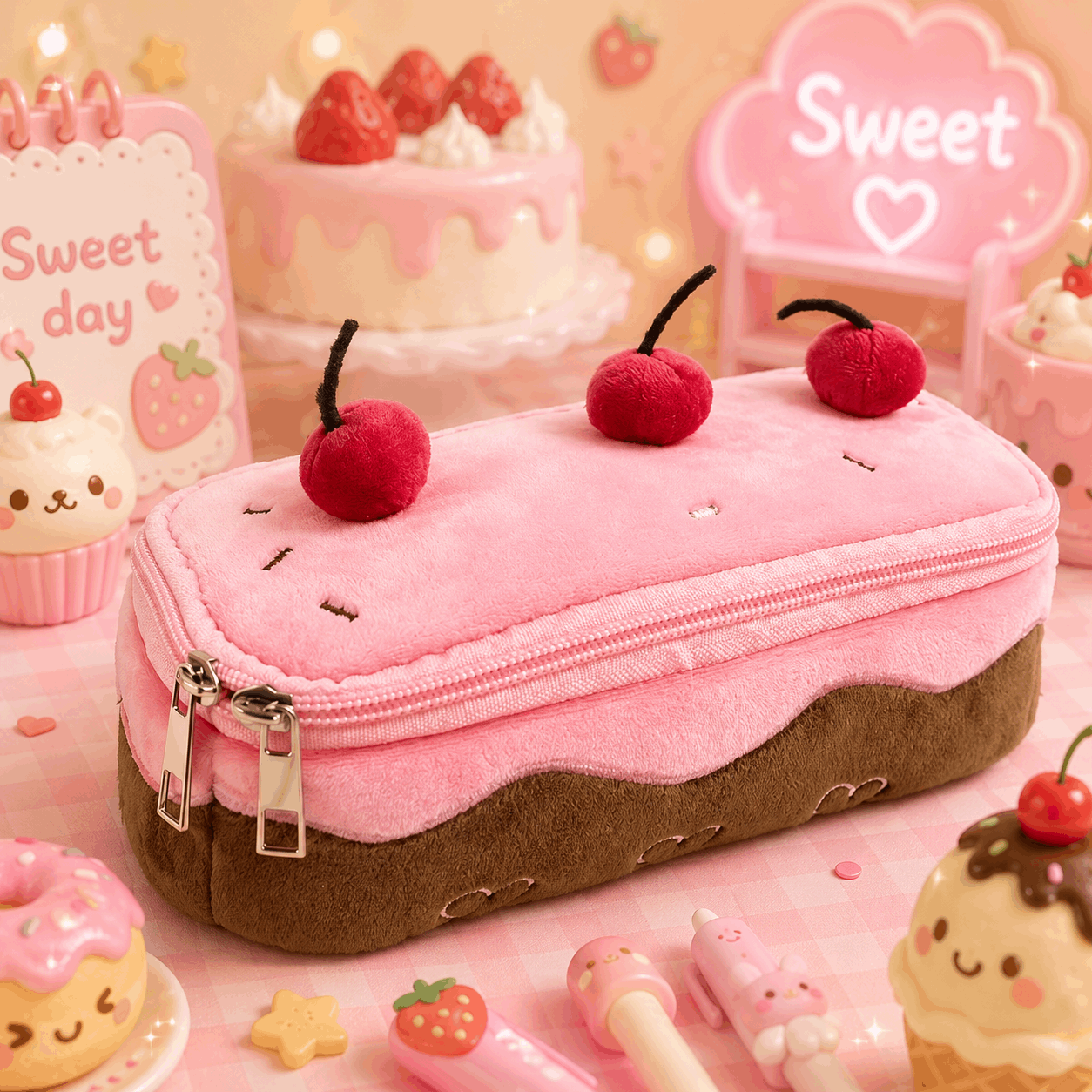 Pink dessert-shaped pencil case with cherries on a pink background with cake and cookies.