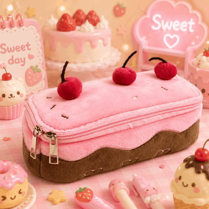 Pink dessert-shaped pencil case with cherries on a pink background with cake and cookies.